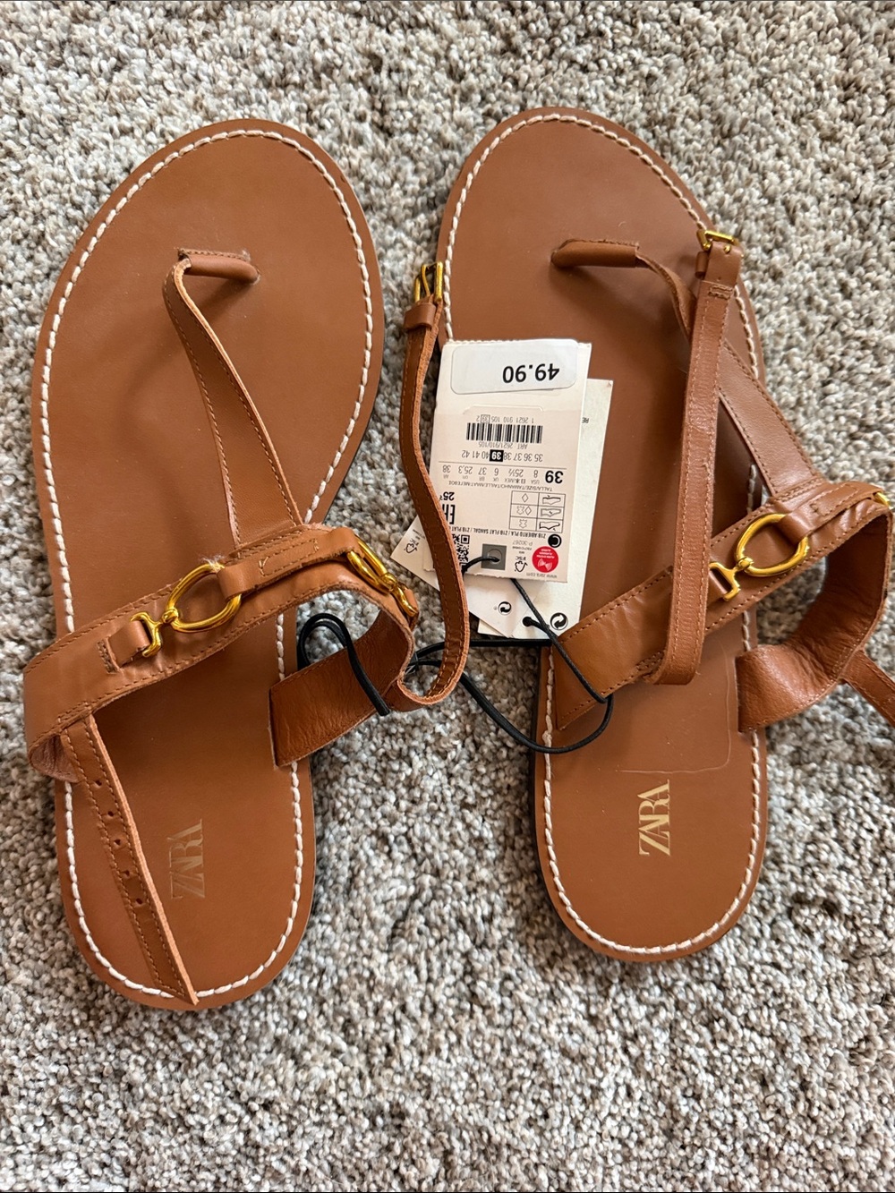 ZARA Brown Leather-Effect T-Strap Sandals with Gold Rings
